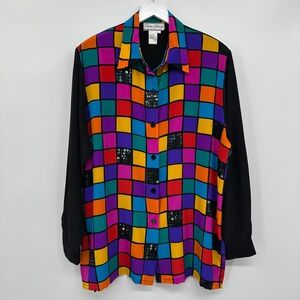 Vintage Diane Gilman Top Shirt Large 100% Silk Maximalist Statement 80s‎ Disco